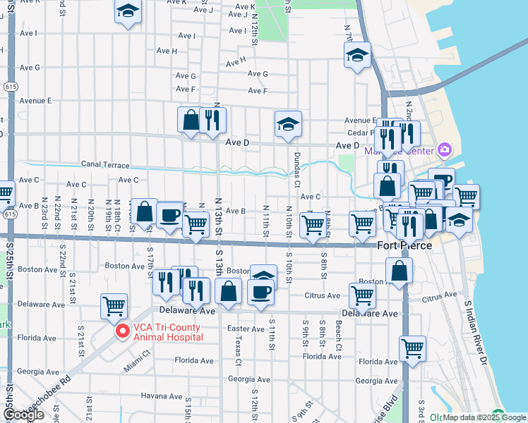map of restaurants, bars, coffee shops, grocery stores, and more near 134 North 11th Street in Fort Pierce
