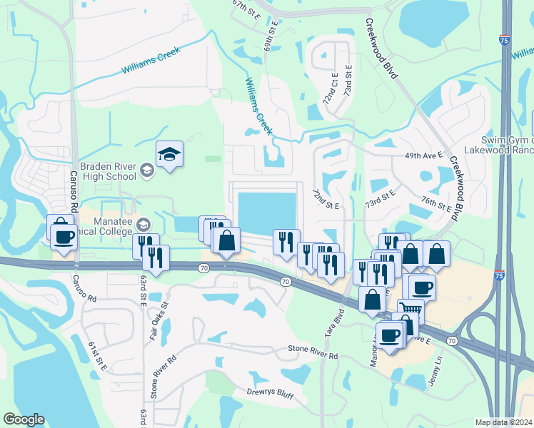 map of restaurants, bars, coffee shops, grocery stores, and more near 7017 52nd Avenue Drive East in Bradenton