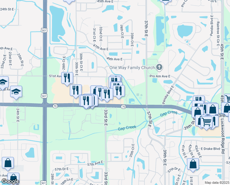 map of restaurants, bars, coffee shops, grocery stores, and more near 5201 33rd Street East in Bradenton