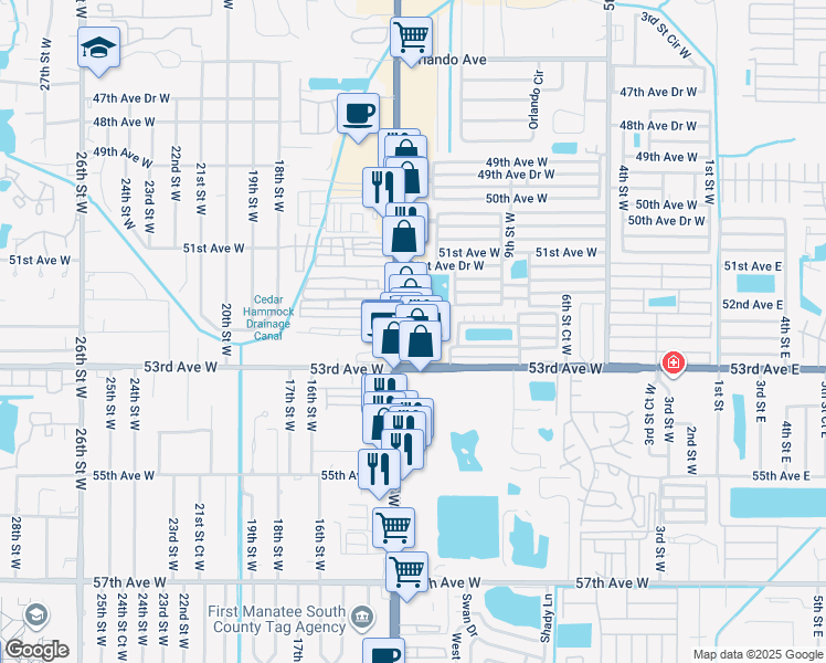 map of restaurants, bars, coffee shops, grocery stores, and more near 5217 14th St W in Bradenton