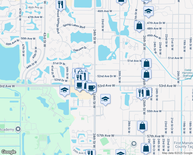 map of restaurants, bars, coffee shops, grocery stores, and more near 3425 53rd Avenue West in Bradenton