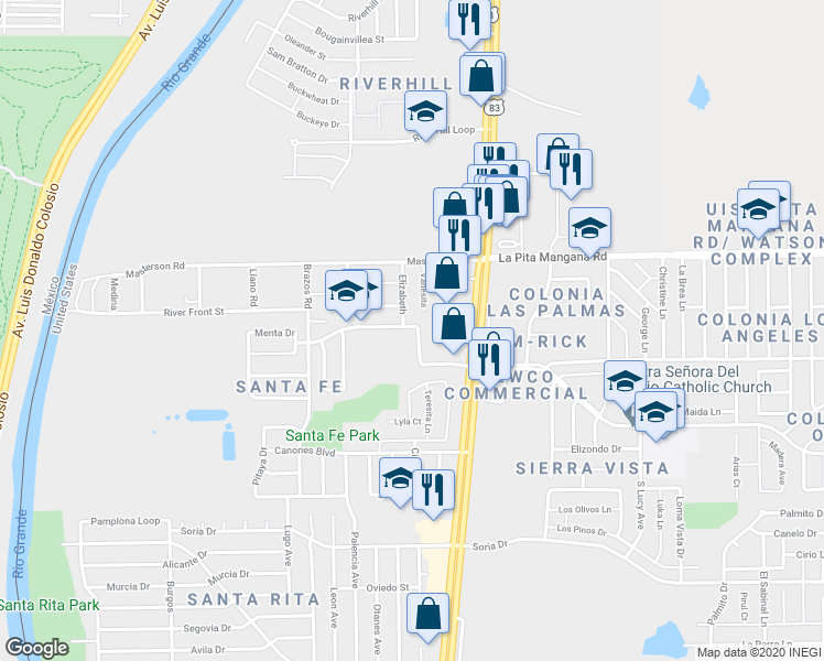 map of restaurants, bars, coffee shops, grocery stores, and more near 4602 Santa Martha Boulevard in Laredo