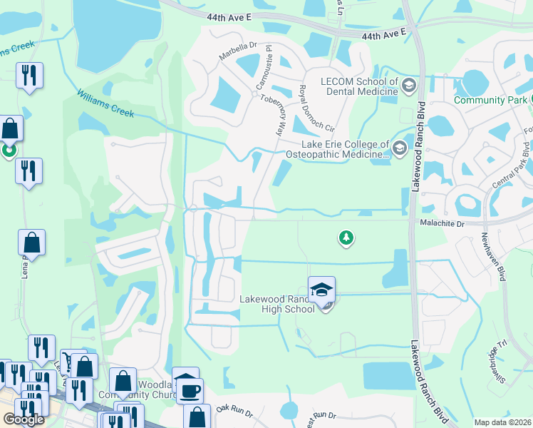 map of restaurants, bars, coffee shops, grocery stores, and more near 10111 Malachite Drive in Bradenton