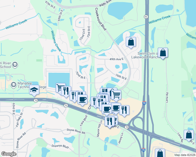 map of restaurants, bars, coffee shops, grocery stores, and more near 7305 52nd Drive East in Bradenton