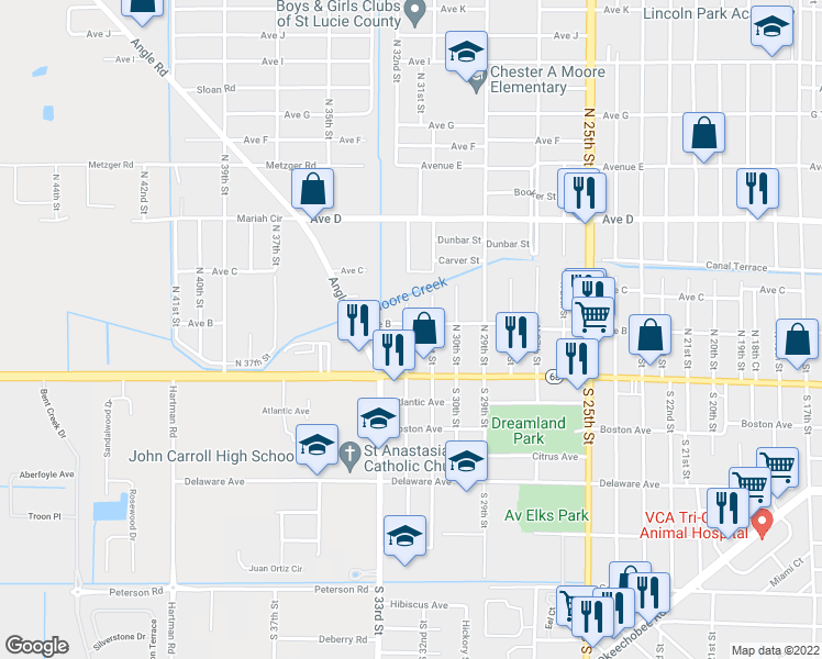 map of restaurants, bars, coffee shops, grocery stores, and more near 3109 Avenue B in Fort Pierce