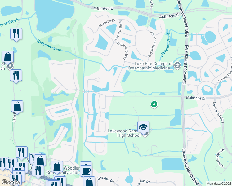 map of restaurants, bars, coffee shops, grocery stores, and more near 10111 Malachite Drive in Bradenton