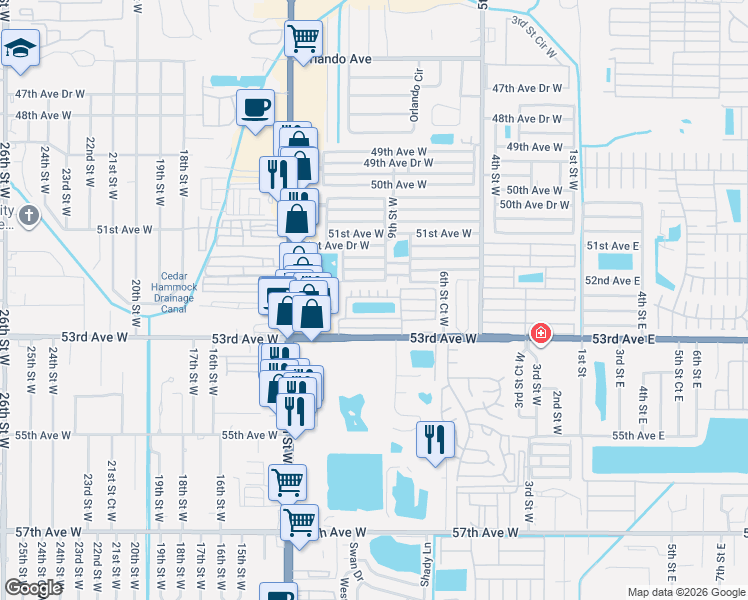 map of restaurants, bars, coffee shops, grocery stores, and more near 916 52nd Avenue Boulevard West in Bradenton