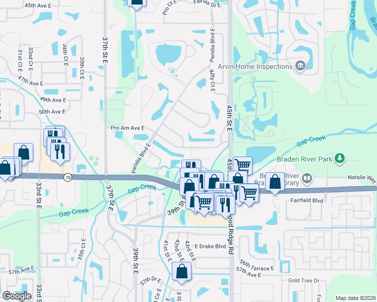 map of restaurants, bars, coffee shops, grocery stores, and more near 5118 Wedge Court East in Bradenton