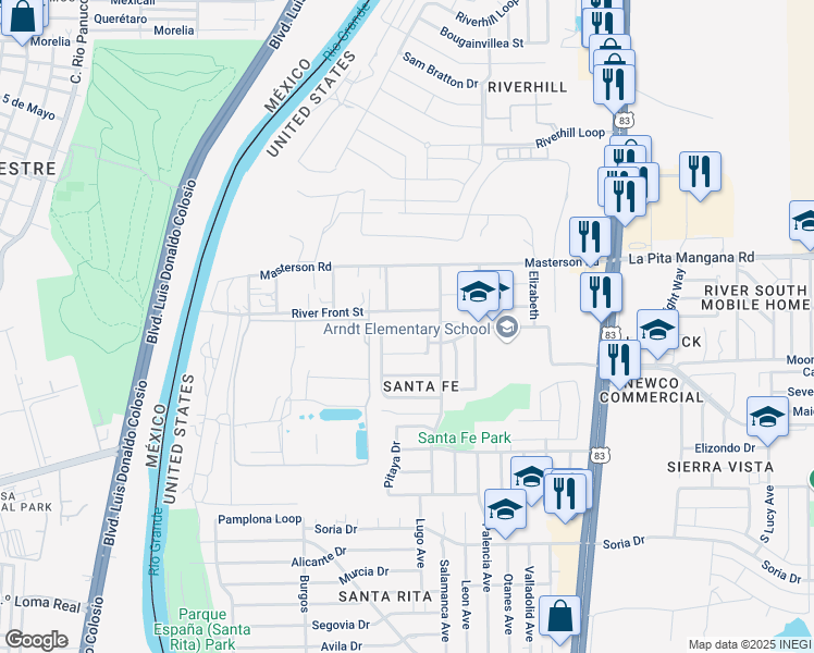 map of restaurants, bars, coffee shops, grocery stores, and more near 614 Azucena Drive in Laredo