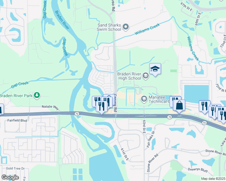 map of restaurants, bars, coffee shops, grocery stores, and more near 116 Palmetto Trail in Bradenton
