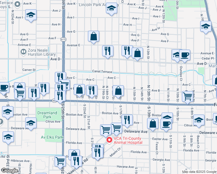 map of restaurants, bars, coffee shops, grocery stores, and more near 313 North 18th Street in Fort Pierce