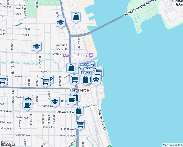map of restaurants, bars, coffee shops, grocery stores, and more near 12 Avenue A in Fort Pierce