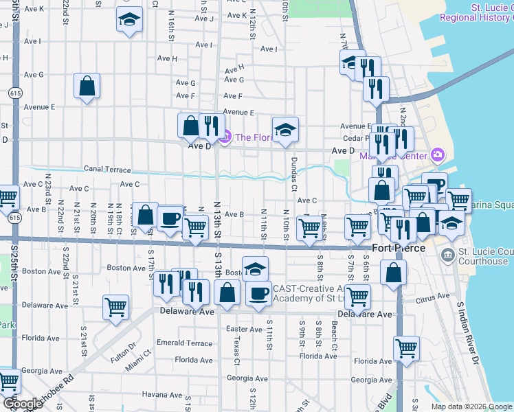map of restaurants, bars, coffee shops, grocery stores, and more near 314 North 12th Street in Fort Pierce