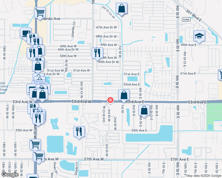 map of restaurants, bars, coffee shops, grocery stores, and more near 205 52nd Avenue East in Bradenton
