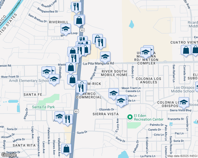 map of restaurants, bars, coffee shops, grocery stores, and more near 2415 Lamar Drive in Laredo