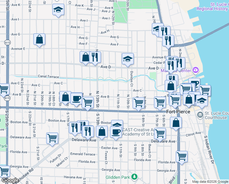 map of restaurants, bars, coffee shops, grocery stores, and more near 307 North 11th Street in Fort Pierce