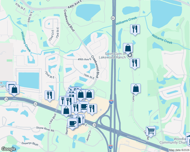 map of restaurants, bars, coffee shops, grocery stores, and more near 7608 52nd Terrace East in Bradenton