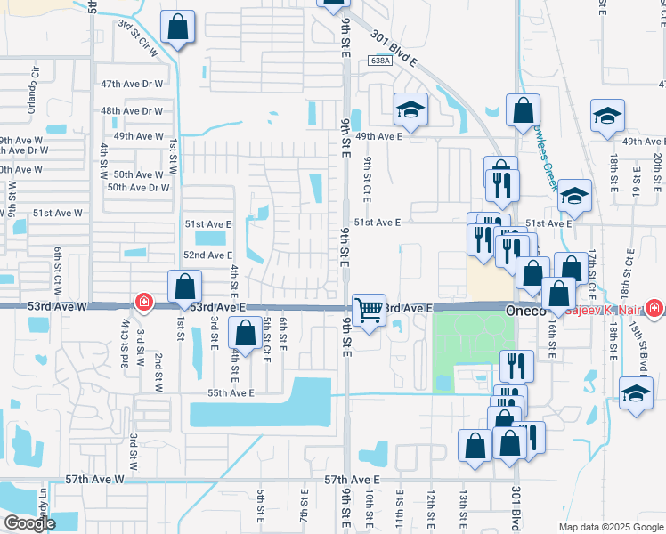 map of restaurants, bars, coffee shops, grocery stores, and more near 803 50th D Avenue East in Bradenton