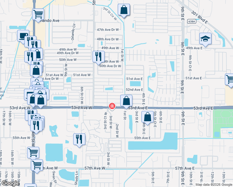 map of restaurants, bars, coffee shops, grocery stores, and more near 205 52nd Avenue East in Bradenton