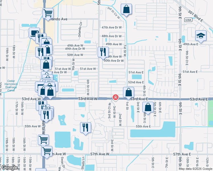 map of restaurants, bars, coffee shops, grocery stores, and more near 300-484 51st Avenue Terrace West in Bradenton