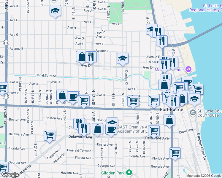 map of restaurants, bars, coffee shops, grocery stores, and more near 316 North 11th Street in Fort Pierce