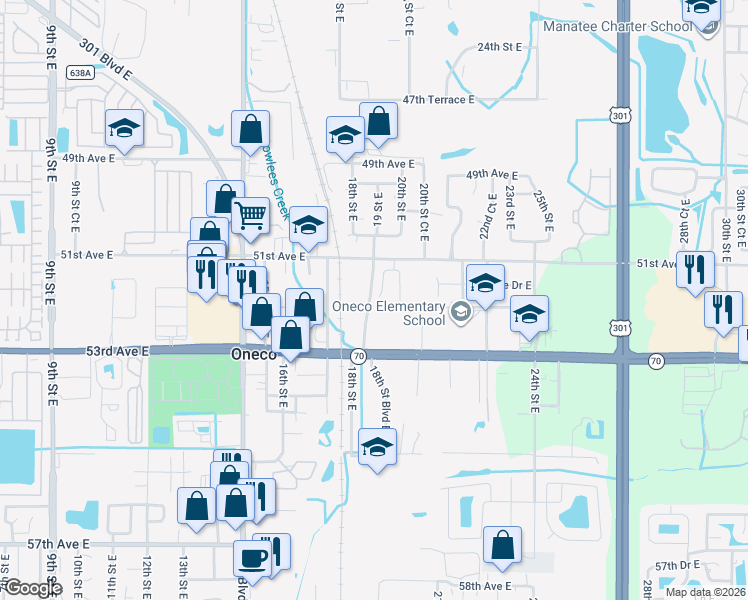 map of restaurants, bars, coffee shops, grocery stores, and more near 5119 18th Lane East in Bradenton