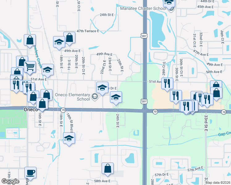 map of restaurants, bars, coffee shops, grocery stores, and more near 2320 51st Avenue Drive East in Bradenton