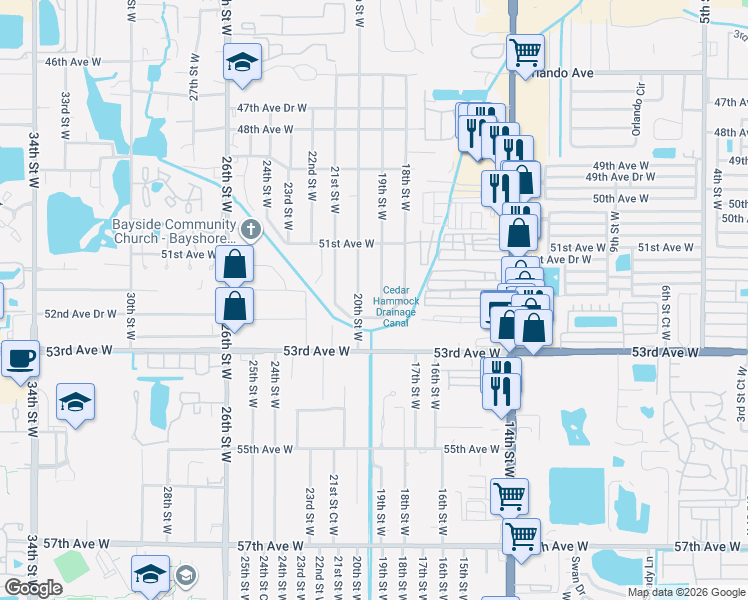 map of restaurants, bars, coffee shops, grocery stores, and more near 5121 19th Street West in Bradenton