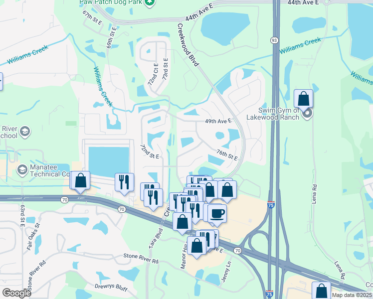 map of restaurants, bars, coffee shops, grocery stores, and more near 5112 73rd Street East in Bradenton