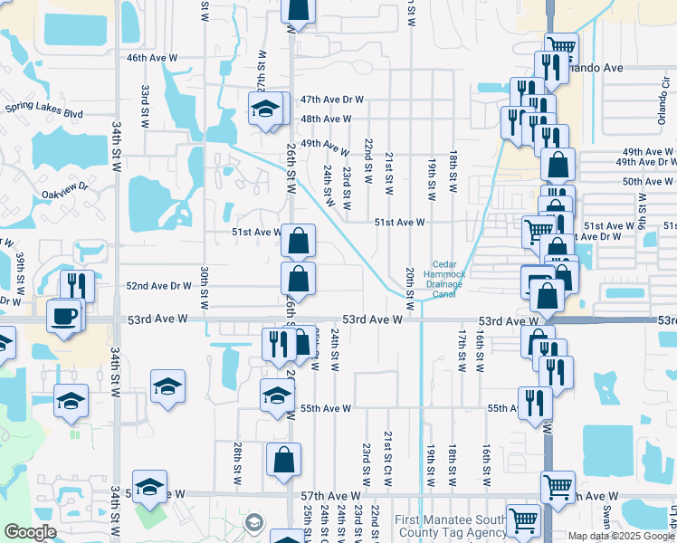 map of restaurants, bars, coffee shops, grocery stores, and more near 2408 51st Avenue Terrace West in Bradenton