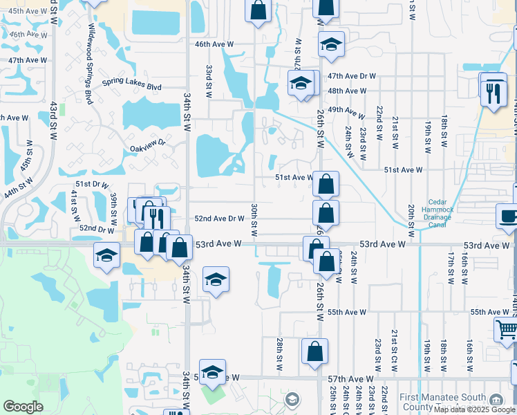 map of restaurants, bars, coffee shops, grocery stores, and more near 2912 51st Avenue Terrace West in Bradenton