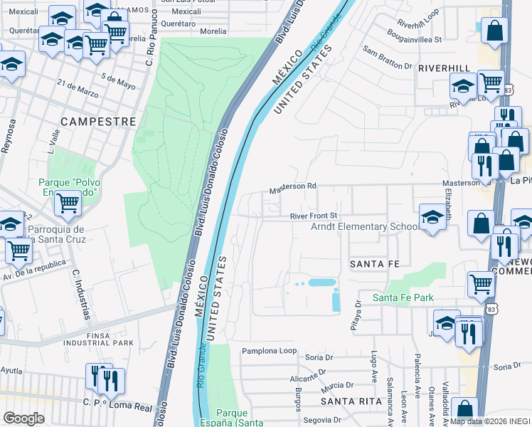 map of restaurants, bars, coffee shops, grocery stores, and more near 102 River Front Street in Laredo