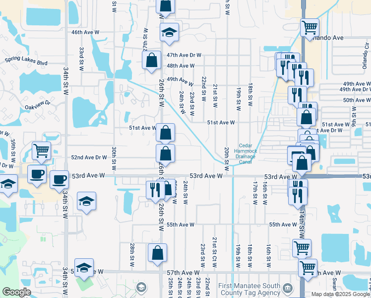 map of restaurants, bars, coffee shops, grocery stores, and more near 2408 51st Avenue Terrace West in Bradenton