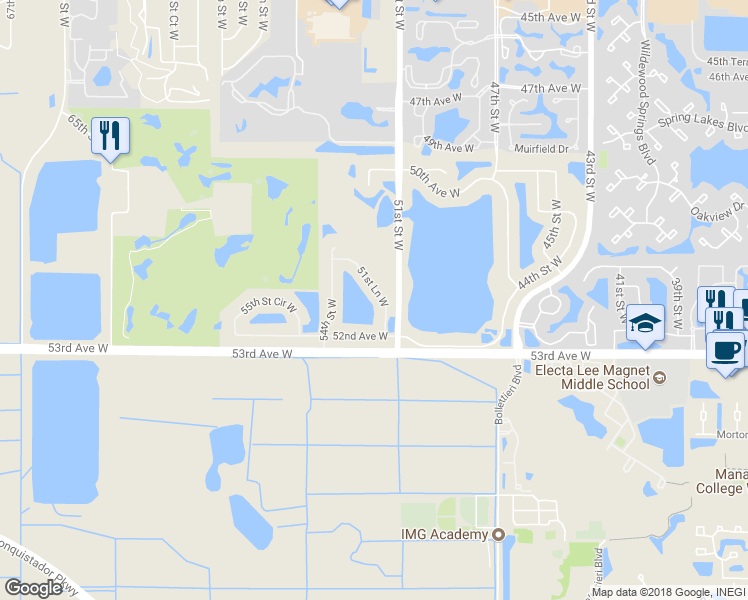 map of restaurants, bars, coffee shops, grocery stores, and more near 5154 51st Lane West in Bradenton