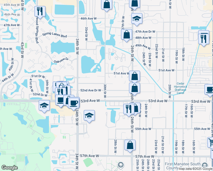 map of restaurants, bars, coffee shops, grocery stores, and more near 2912 51st Avenue Terrace West in Bradenton