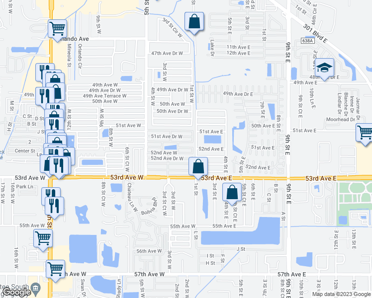 map of restaurants, bars, coffee shops, grocery stores, and more near 110 51st Avenue Terrace West in Bradenton
