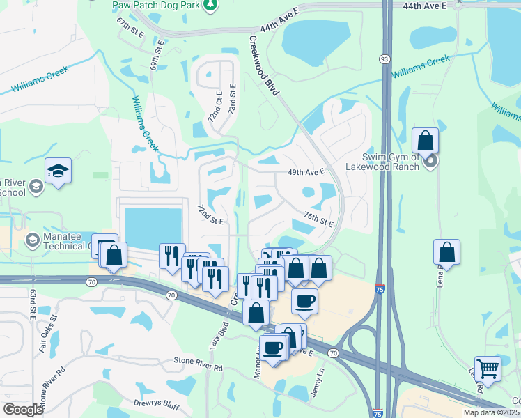 map of restaurants, bars, coffee shops, grocery stores, and more near 5112 73rd Street East in Bradenton