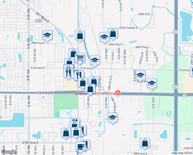 map of restaurants, bars, coffee shops, grocery stores, and more near 5117 17th Street East in Bradenton