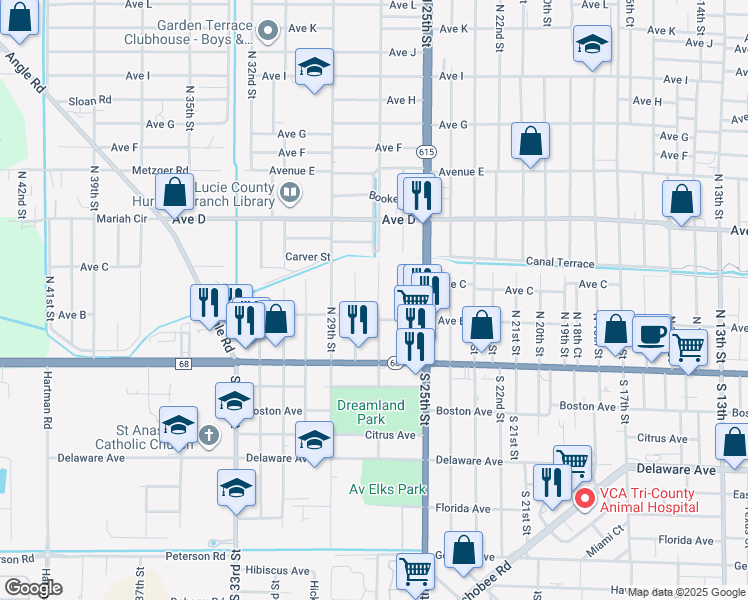 map of restaurants, bars, coffee shops, grocery stores, and more near 309 North 27th Street in Fort Pierce