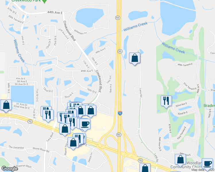 map of restaurants, bars, coffee shops, grocery stores, and more near 5013 79th Street East in Bradenton