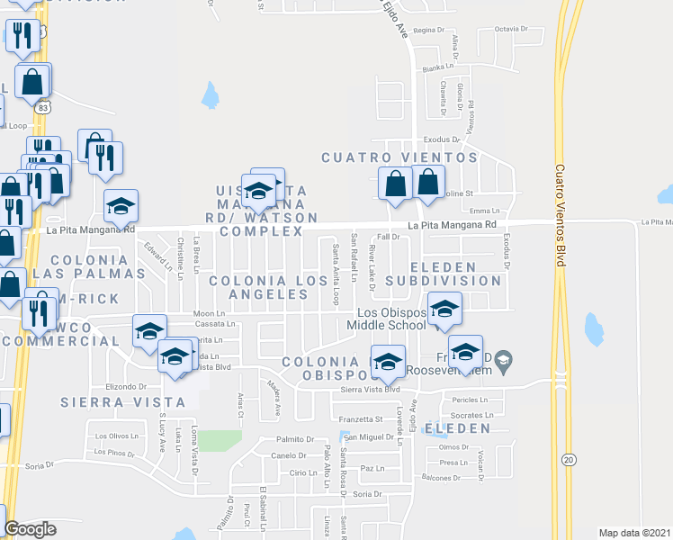map of restaurants, bars, coffee shops, grocery stores, and more near 4602 Santa Anita Loop in Laredo