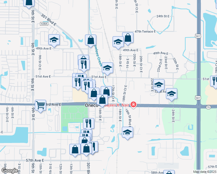 map of restaurants, bars, coffee shops, grocery stores, and more near 5117 17th Street East in Bradenton