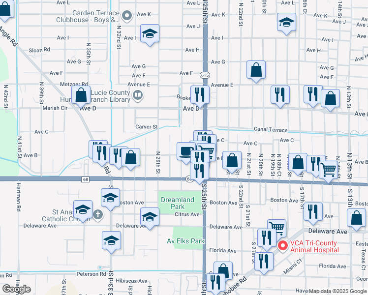 map of restaurants, bars, coffee shops, grocery stores, and more near 309 North 27th Street in Fort Pierce