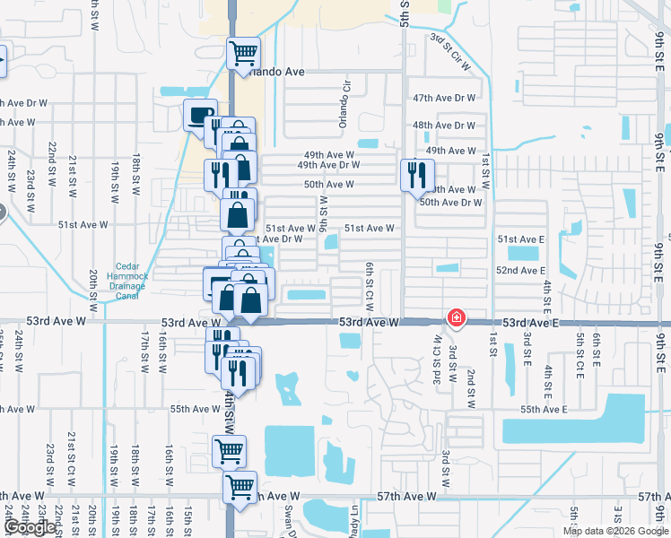 map of restaurants, bars, coffee shops, grocery stores, and more near 804 52nd Avenue West in Bradenton