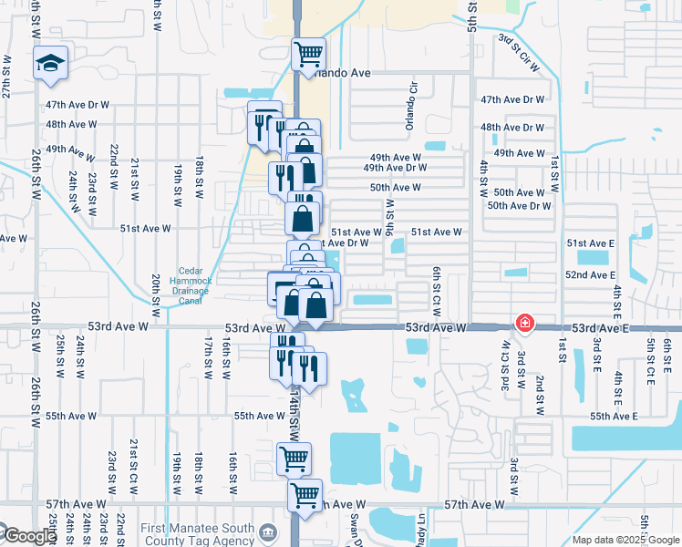 map of restaurants, bars, coffee shops, grocery stores, and more near 5147 11th Street West in Bradenton