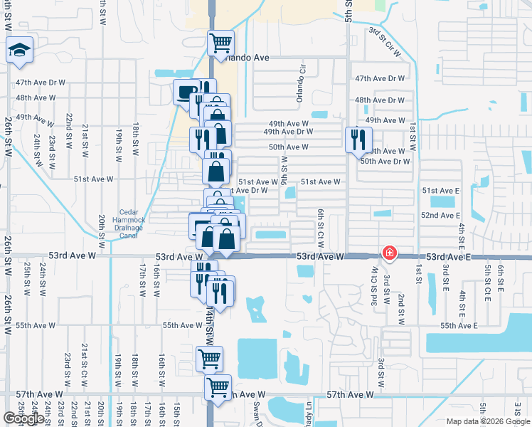 map of restaurants, bars, coffee shops, grocery stores, and more near 1001 52nd Avenue West in Bradenton