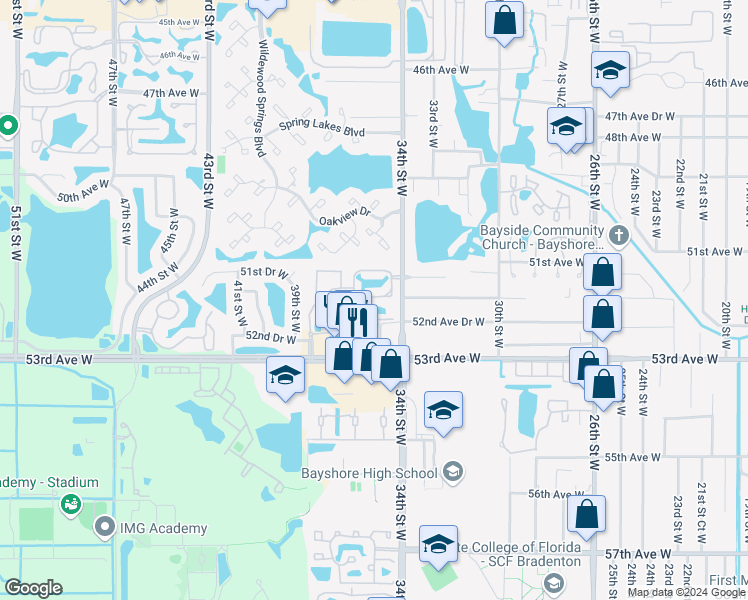 map of restaurants, bars, coffee shops, grocery stores, and more near 5104 34th Street Court West in Bradenton