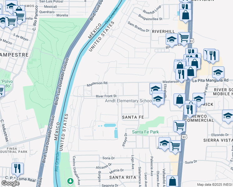 map of restaurants, bars, coffee shops, grocery stores, and more near 316 River Front Street in Laredo