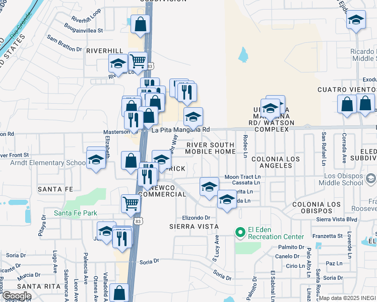 map of restaurants, bars, coffee shops, grocery stores, and more near 2415 Lamar Drive in Laredo