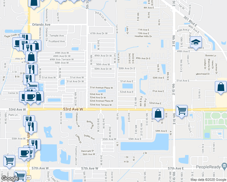 map of restaurants, bars, coffee shops, grocery stores, and more near 103 51st Avenue Terrace West in Bradenton